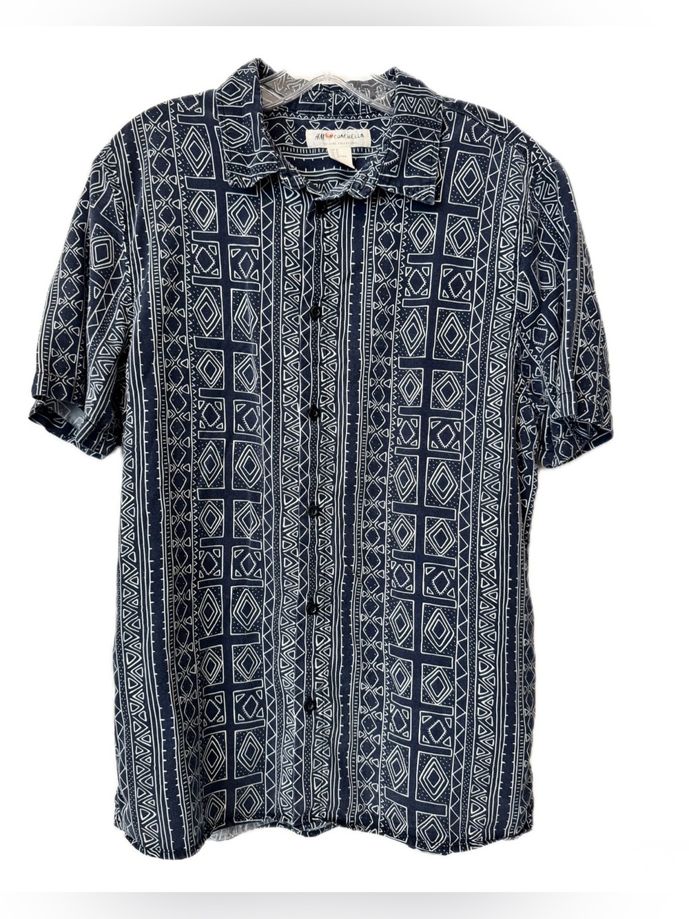 H&M Coachella Geo Print Camp Shirt M Navy White Festival Resort Boho